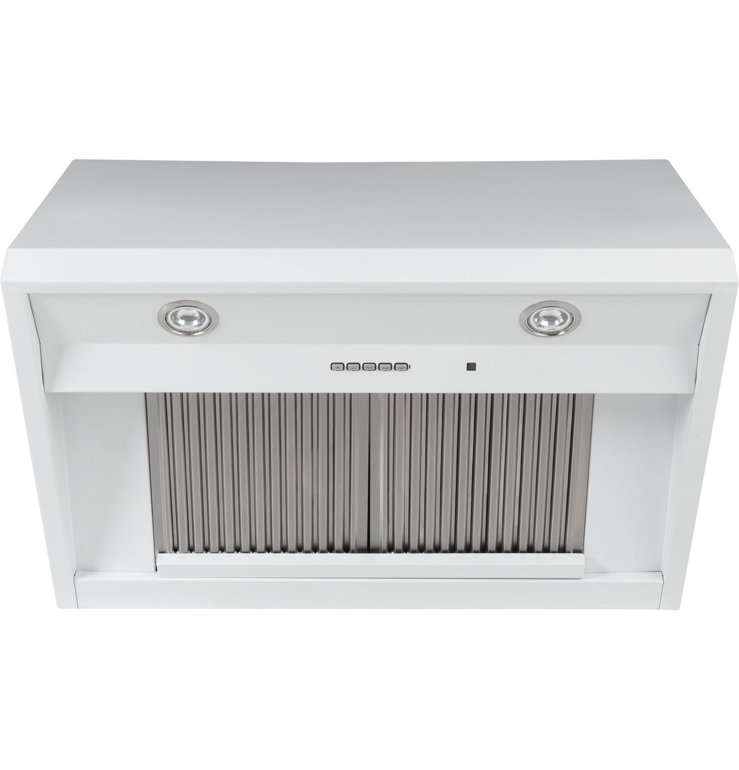 White commercial wall-mounted range hood with stainless steel filters and built-in lights for kitchen and home improvement use