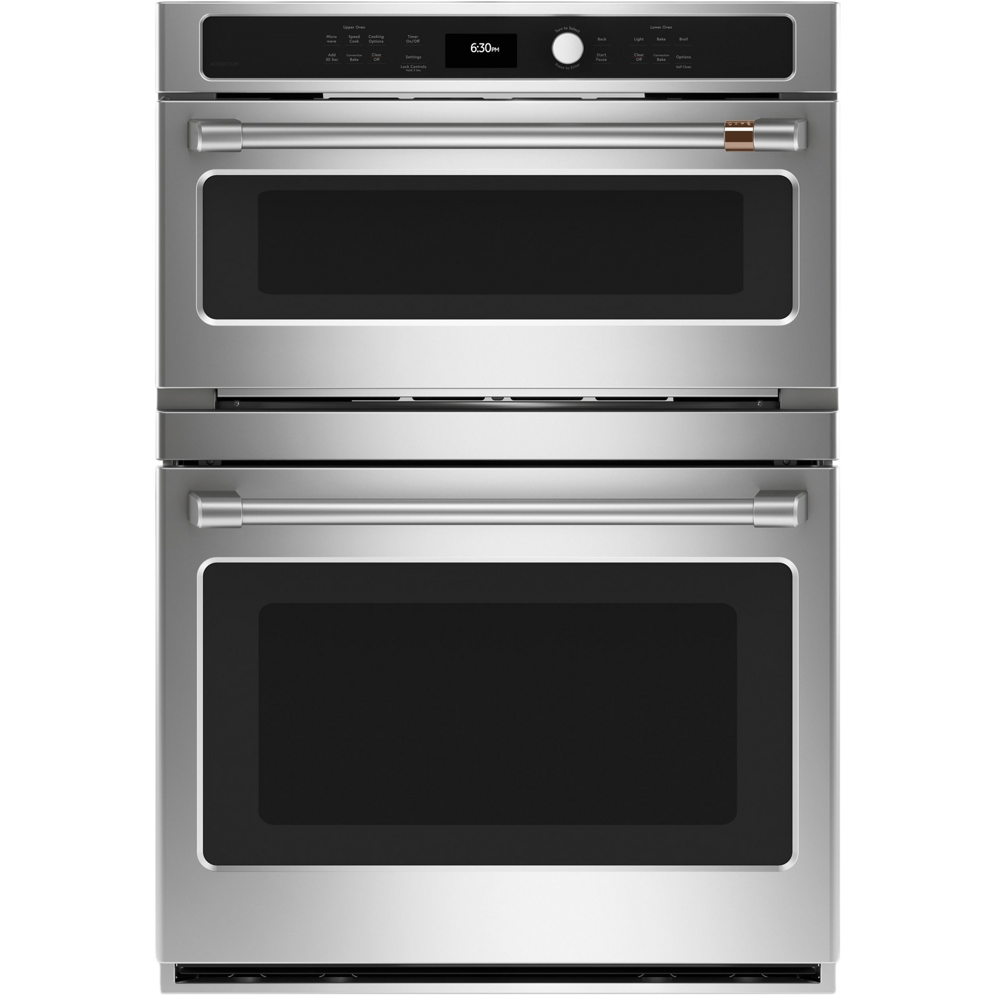 Front view of stainless steel combination double wall oven with digital control panel in kitchen appliances collection
