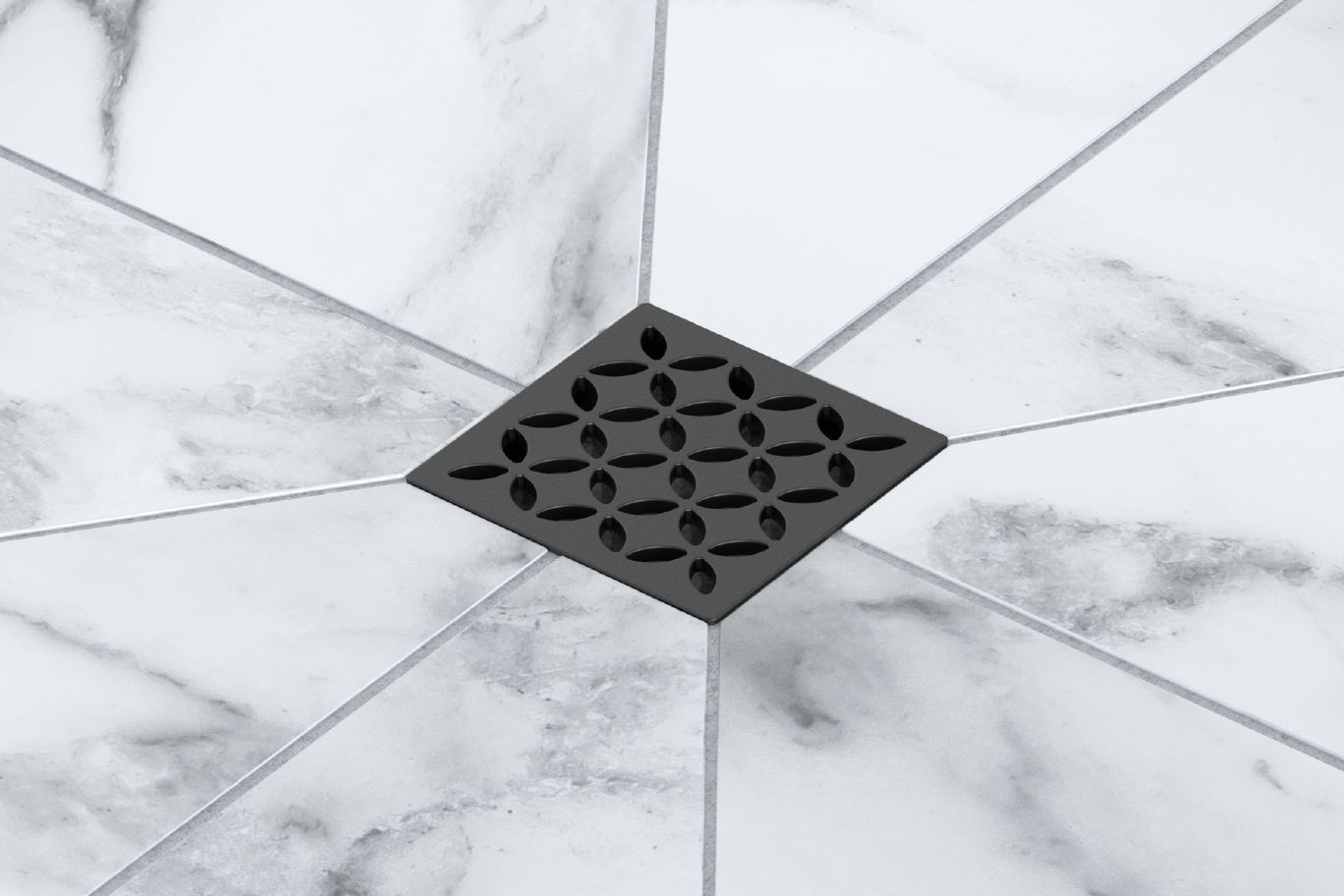 Square brushed nickel shower drain grate with floral cutout pattern for tile flooring in home improvement and flooring collections