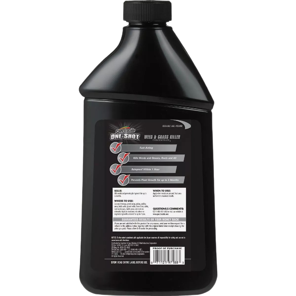 Black plastic container of concentrated weed and grass killer with detailed label and instructions for home improvement use