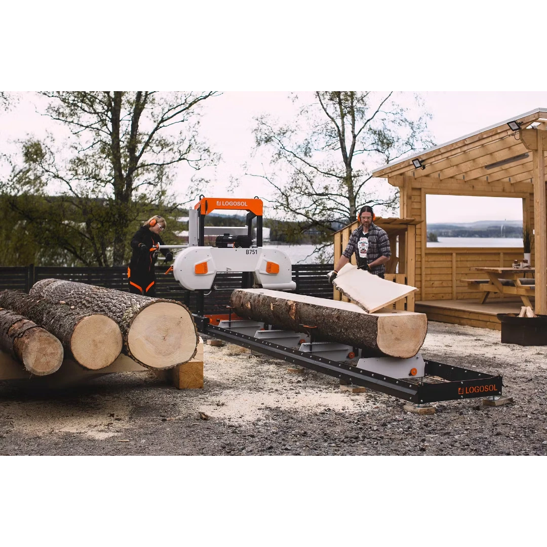 LOGOSOL B751 band sawmill with 13HP gas engine cutting large logs for home improvement and woodworking tasks