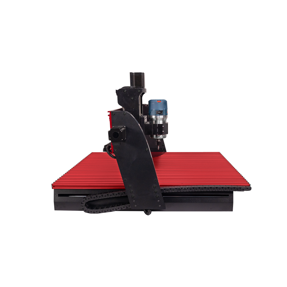 Compact CNC router with black frame and red platform designed for precision cutting in home improvement projects