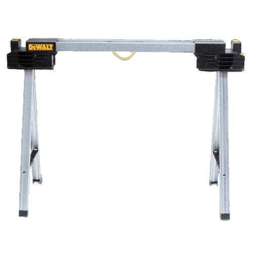 Lightweight metal folding sawhorse with sturdy aluminum frame and black plastic end caps for home improvement tasks