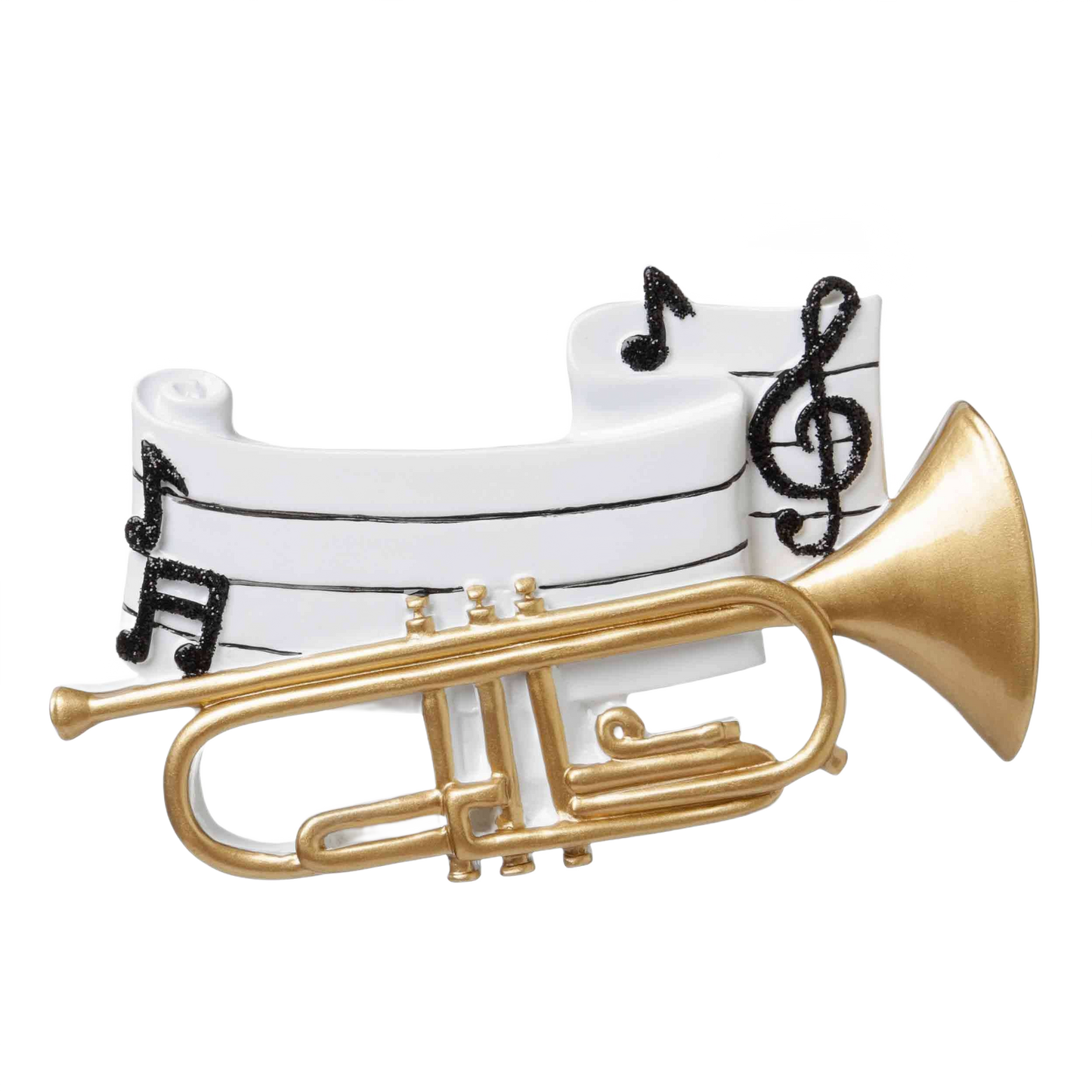 Gold-colored trumpet ornament resting on white musical staff with black notes from Christmas Ornaments & Tree Decorations collection