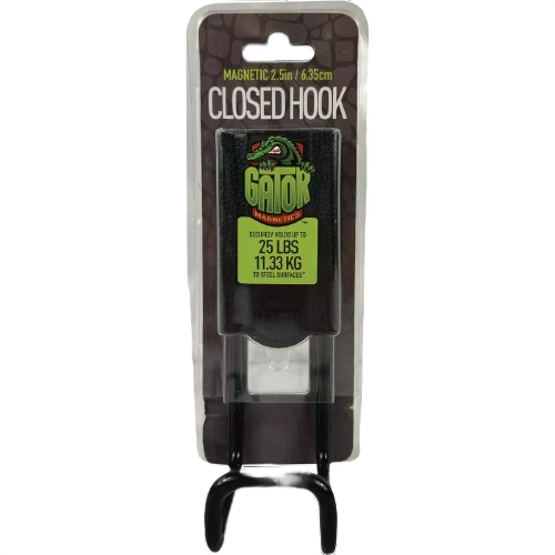 Black closed magnetic hook rated for 25 lb capacity, designed for tools and home improvement use