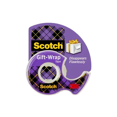 Transparent tape dispenser with purple plaid packaging designed for gift wrapping in tools and home improvement use