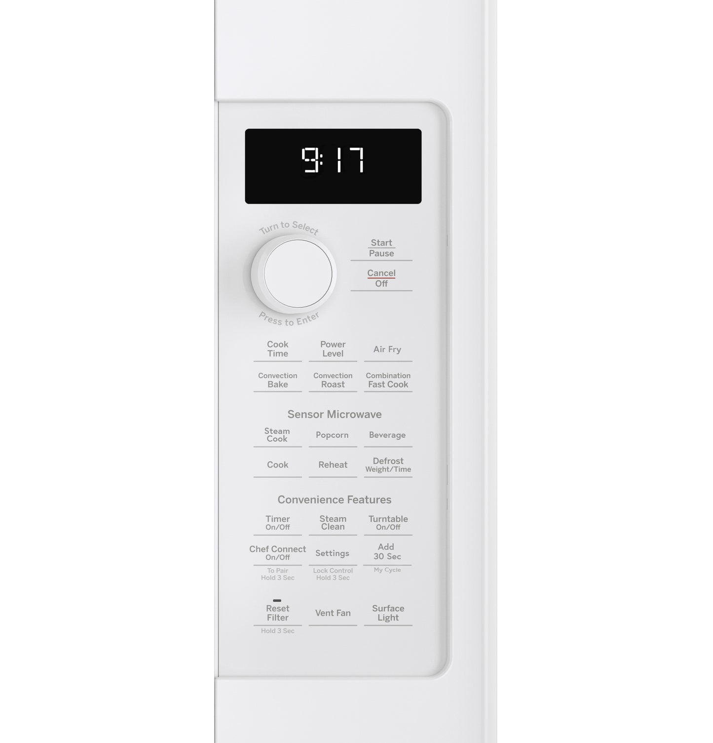 Digital control panel and dial interface with multiple cooking settings on white convection over-the-range microwave from kitchen appliances collection