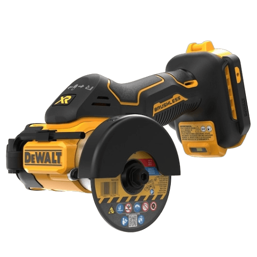 Compact cordless cut-off tool in yellow and black with brushless motor, ideal for precision cutting in woodworking and home improvement power tool collections.