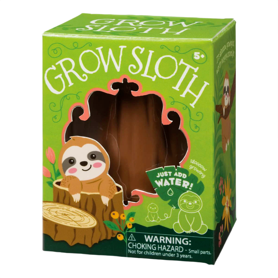 Green packaging for a grow-your-own sloth toy with cartoon sloth illustration and watering instructions
