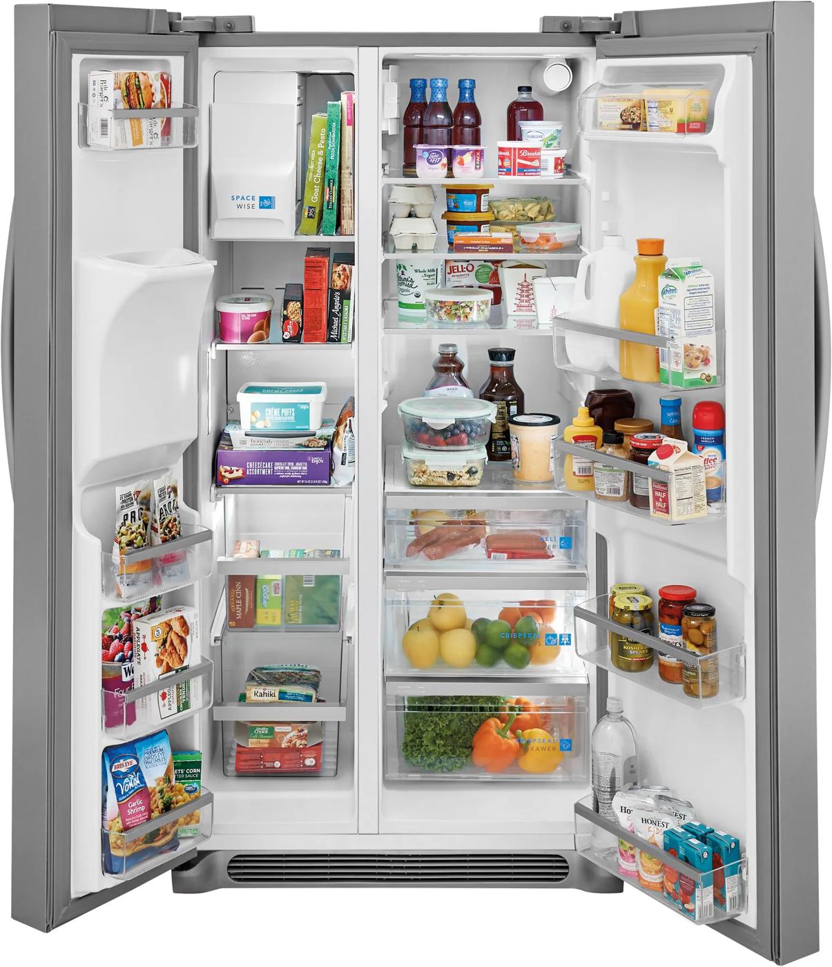 Open stainless steel side-by-side refrigerator with organized fresh produce and beverages from kitchen appliances collection