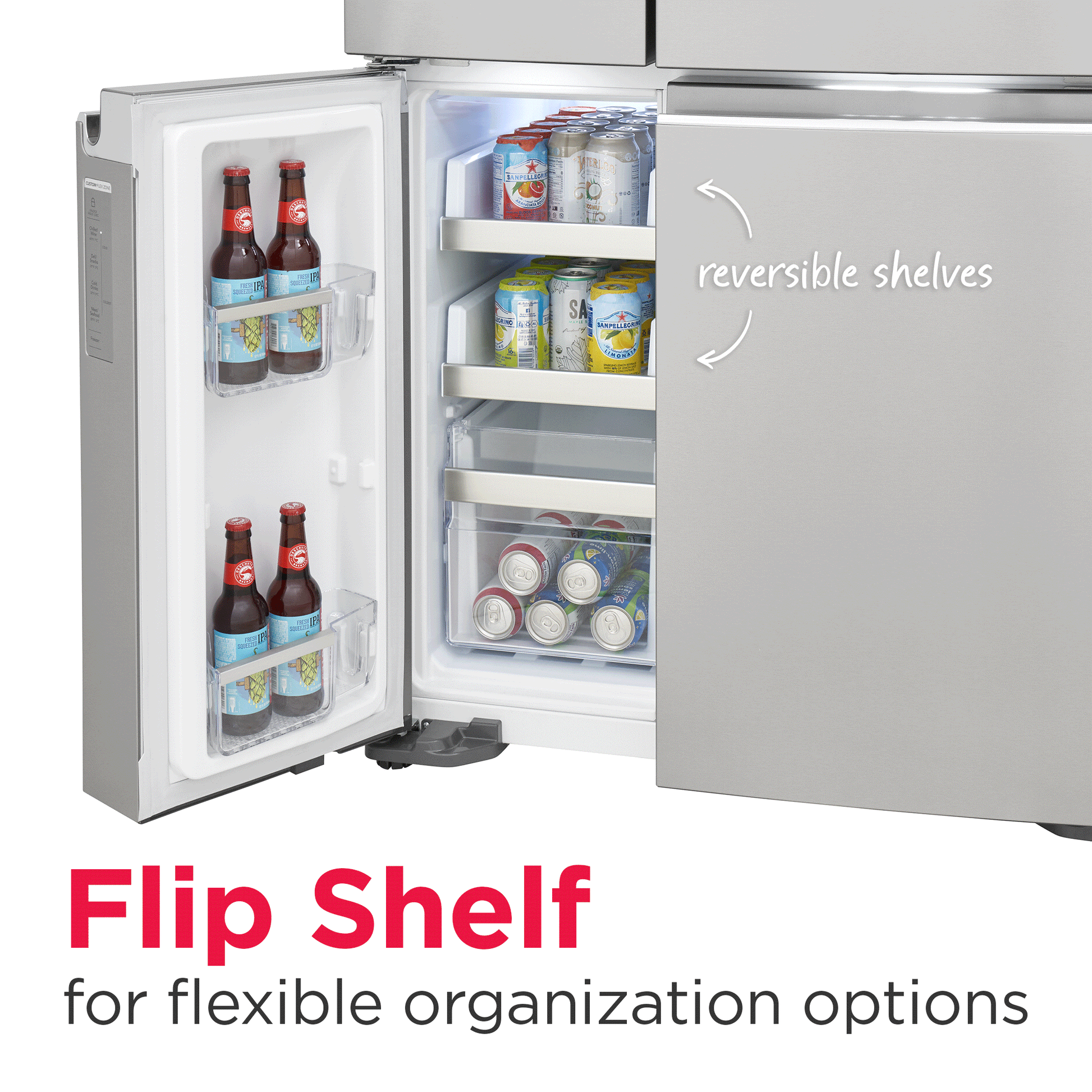 Stainless steel refrigerator door open showing spacious interior with adjustable shelves and beverage storage compartments