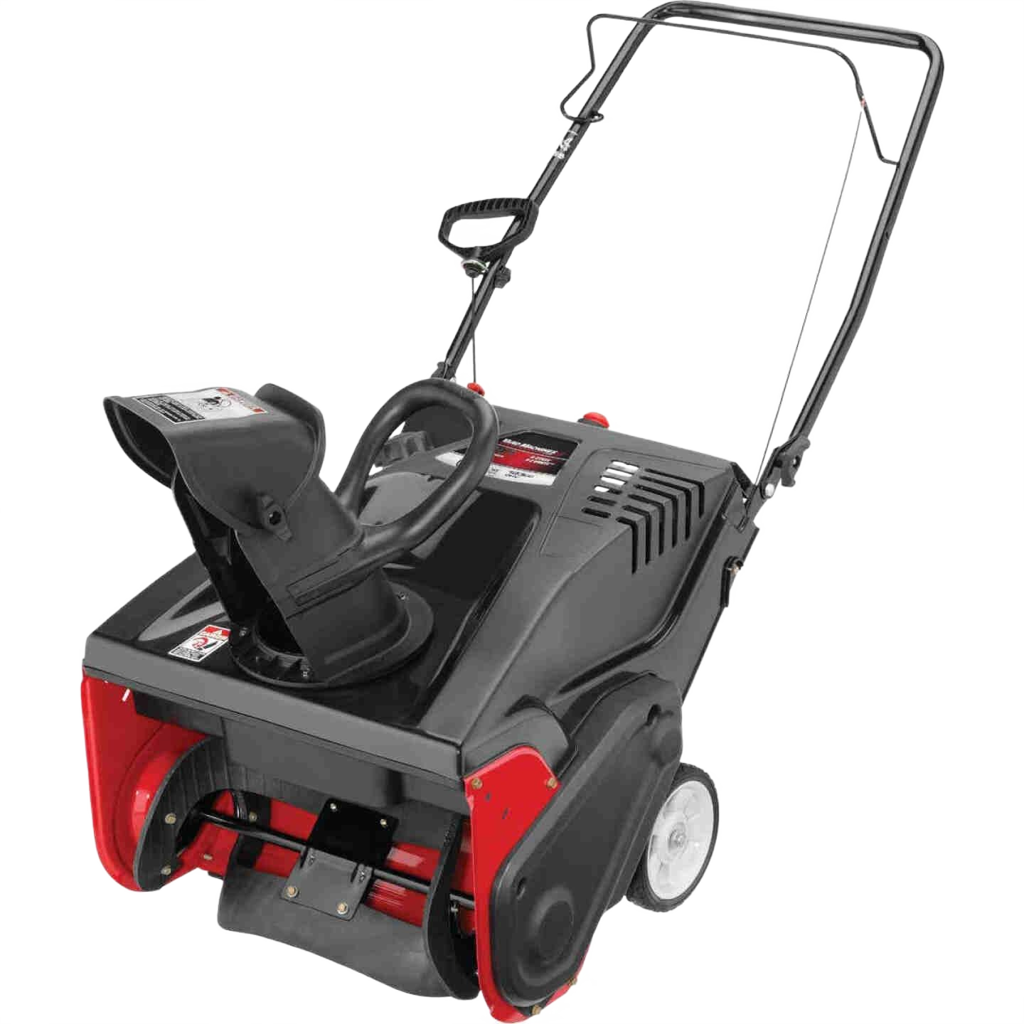 Black and red single-stage snow blower with chute control and ergonomic handle for outdoor tools and home improvement tasks