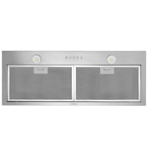 Stainless steel under-cabinet blower with dual mesh filters, push-button controls, and built-in lights for range hood collections