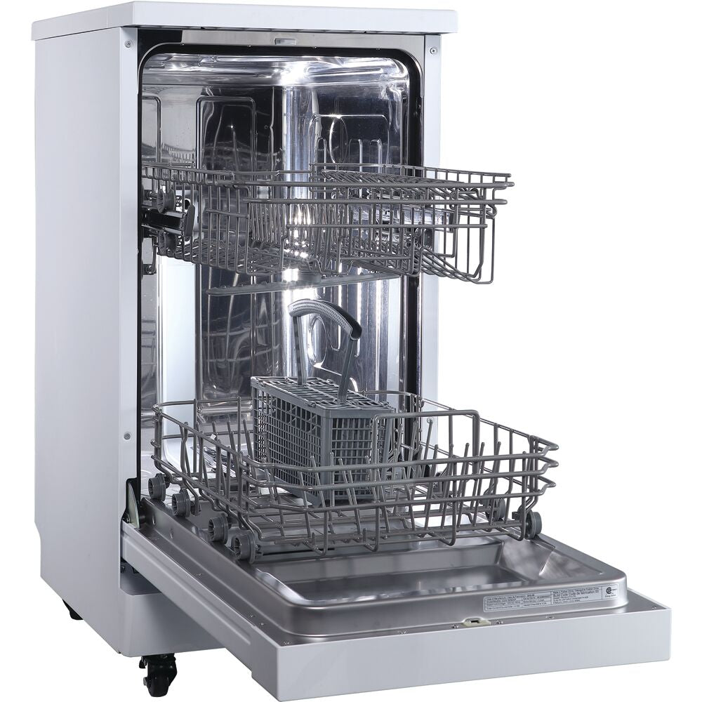 Open portable dishwasher with stainless steel interior, two racks, and silverware basket in kitchen appliances collection