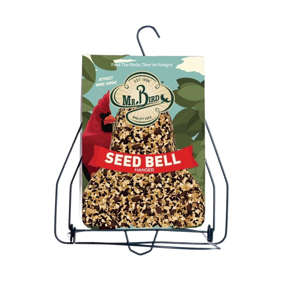 Black metal seed bell holder displaying mixed bird seed block with red cardinal bird illustration on package
