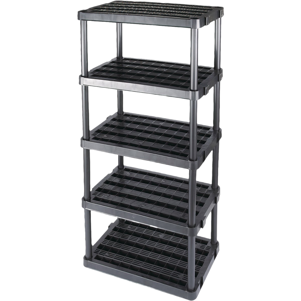 Black ventilated five-tier freestanding plastic shelving unit for storage and organization in home improvement collections