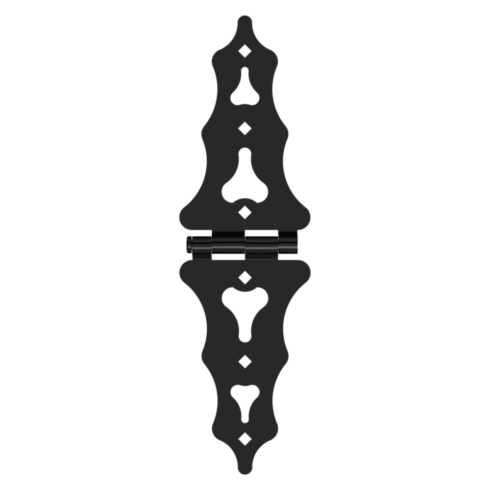 Black ornamental S-hinge with decorative cutouts for gate hardware and home improvement under $50 tools