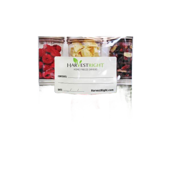 Clear resealable mylar bag with white label filled with dried fruits and vegetables for kitchenware use under $50.