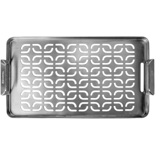 Stainless steel grill tray with handles and perforated pattern for grilling fish and vegetables in outdoor living collections