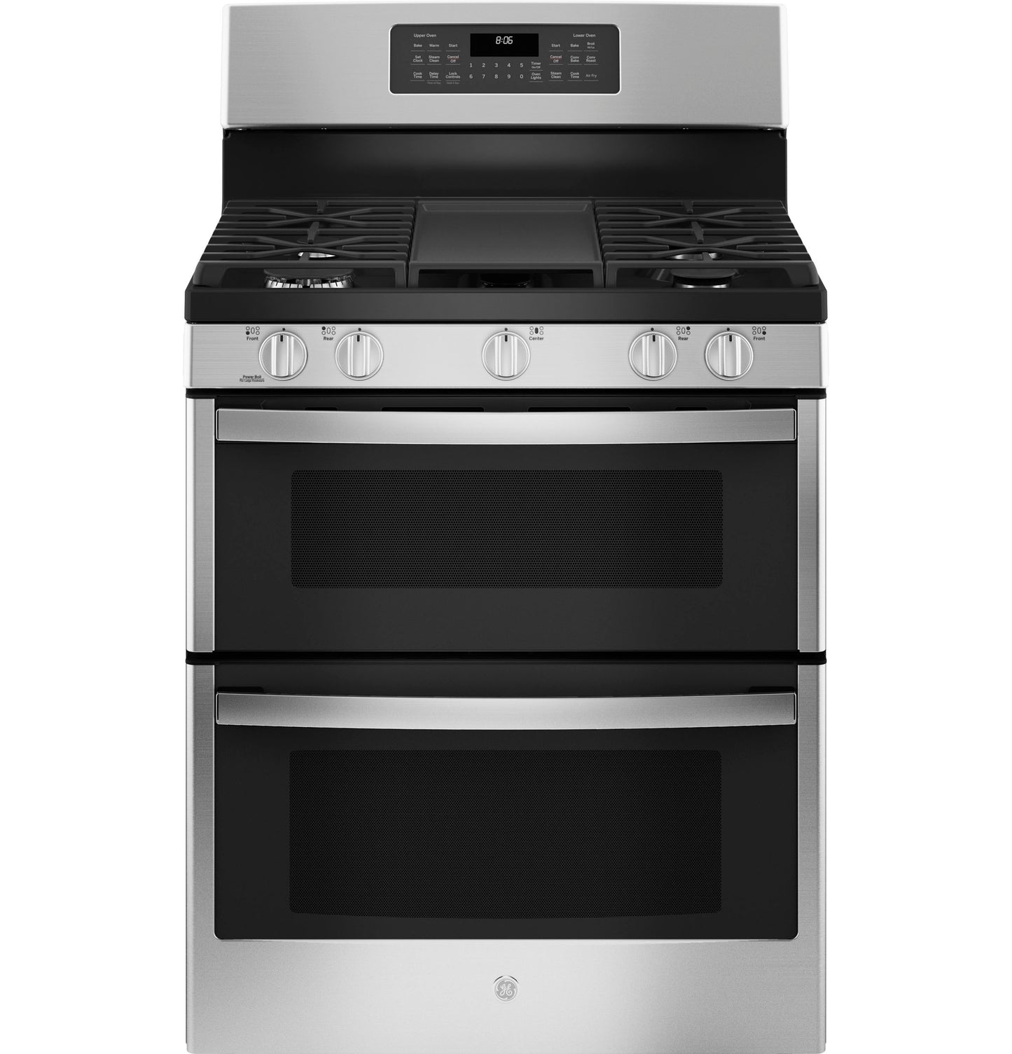 Stainless steel freestanding gas double oven range with digital control panel in kitchen appliances and ranges collection