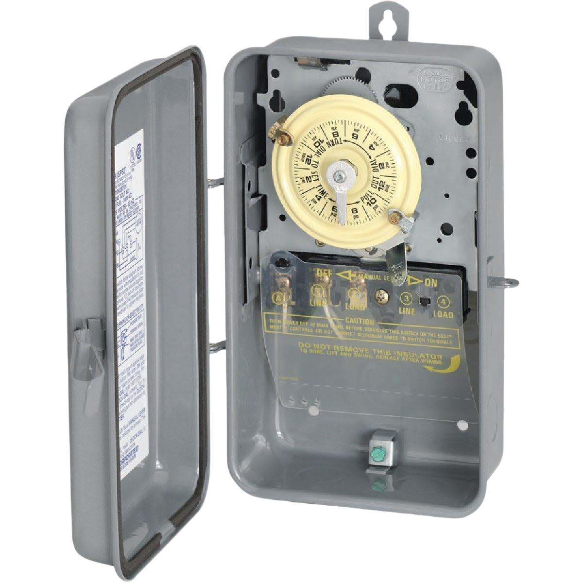 Gray metal mechanical outdoor timer with 24-hour dial and raintight enclosure for electrical use and home improvement