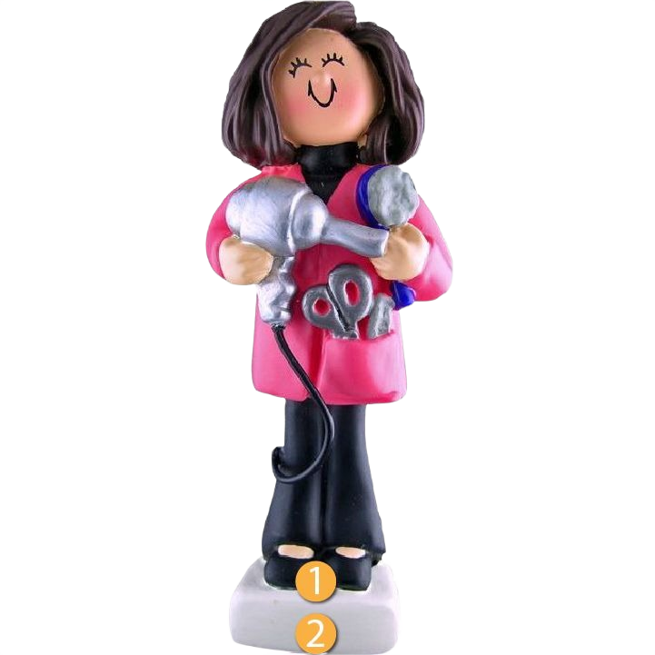 Brunette female hairdresser figurine holding hairdryer and brush for Christmas Ornaments & Tree Decorations collection