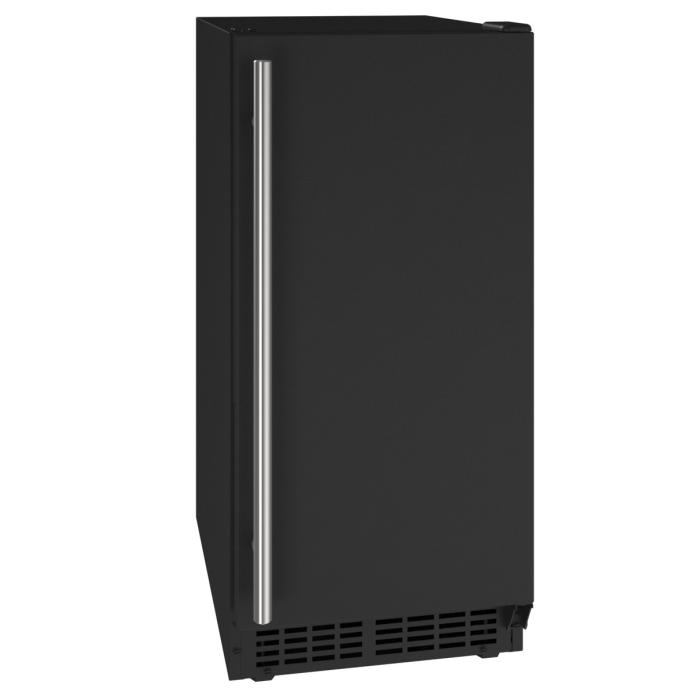 Black freestanding ice maker with vertical stainless steel handle in modern kitchen appliance collection
