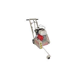 Walk behind downcut saw with sturdy metal frame and engine mount, designed for precise concrete cutting, available for rental at Hartville Hardware.