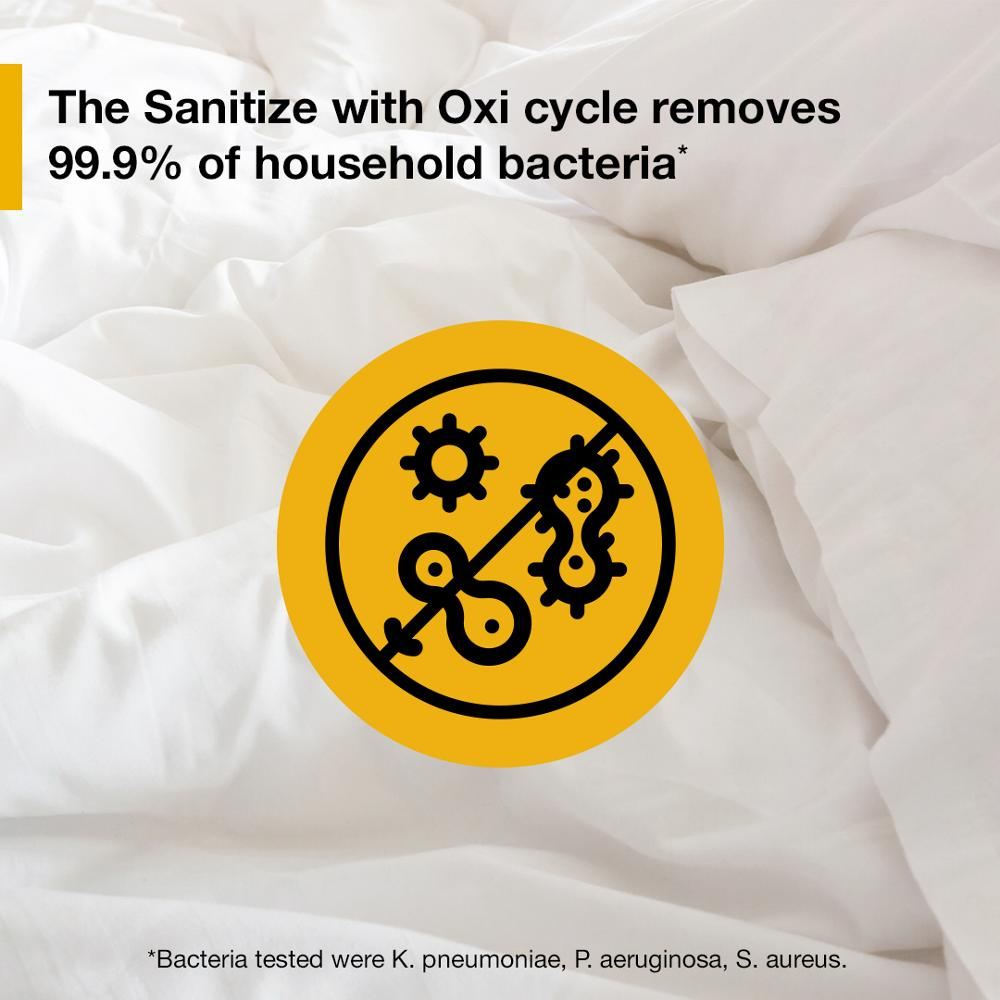 Symbol indicating the Sanitize with Oxi cycle removes 99.9% of bacteria on white bedding in home improvement context