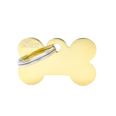 Small gold brass dog bone-shaped ID tag with attached split rings for pet identification and accessories