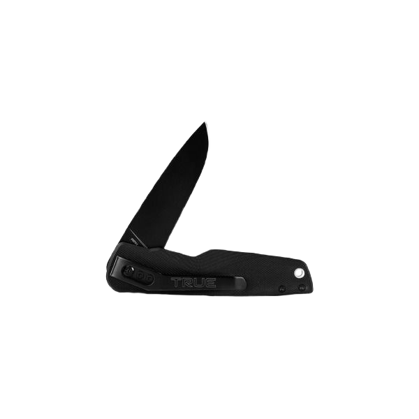 Black folding knife with textured handle and ball bearing flipper mechanism for smooth opening and home improvement use