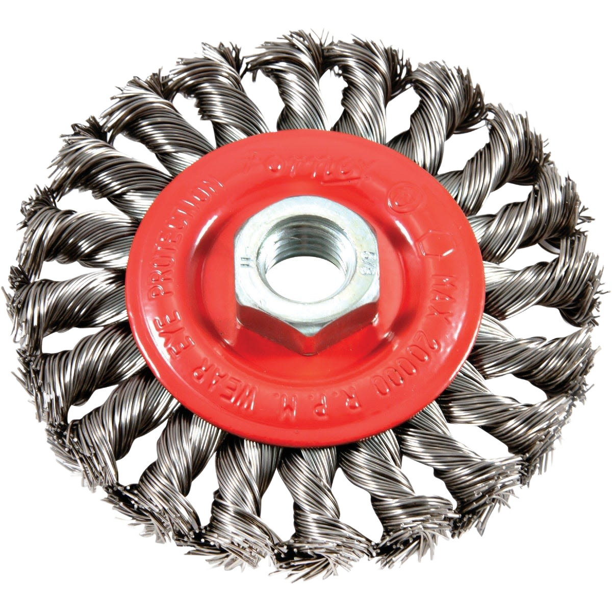 Twist knot wire wheel brush with red center hub for angle grinders in power tool accessories under $50 collection