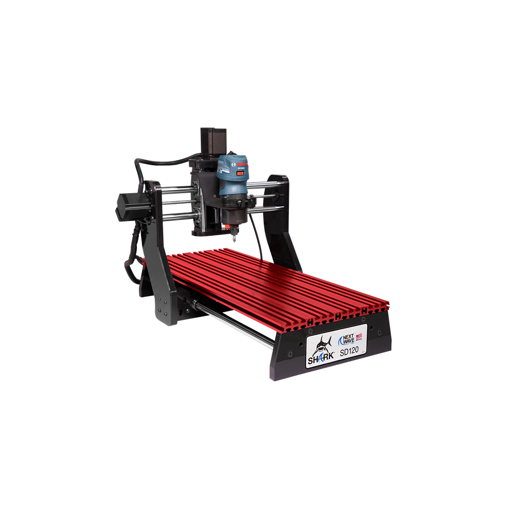 Desktop CNC router with red aluminum bed and blue spindle motor for precision tool and home improvement work