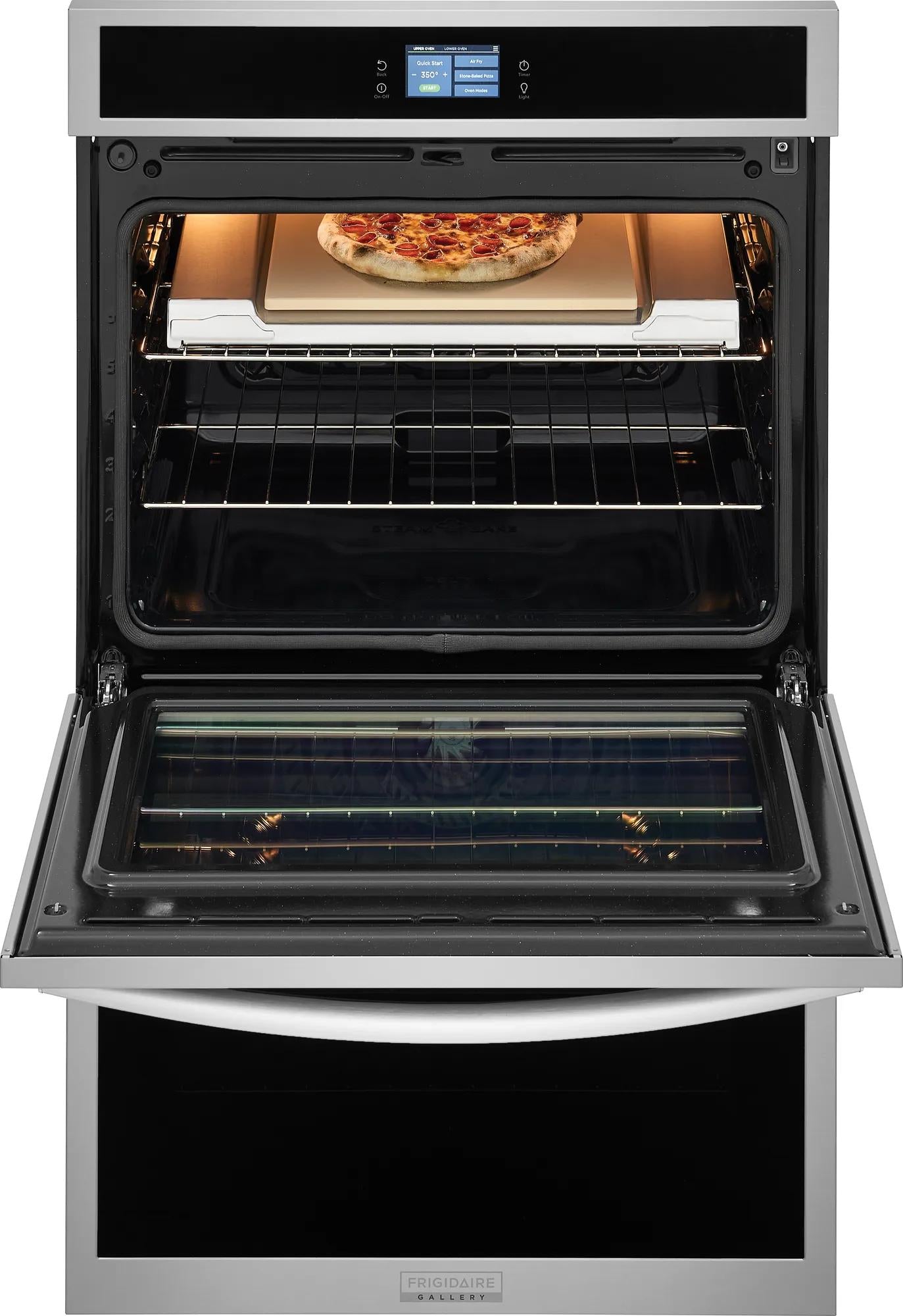 Open stainless steel electric wall oven with stone baking tray and pizza inside from Wall Ovens collection