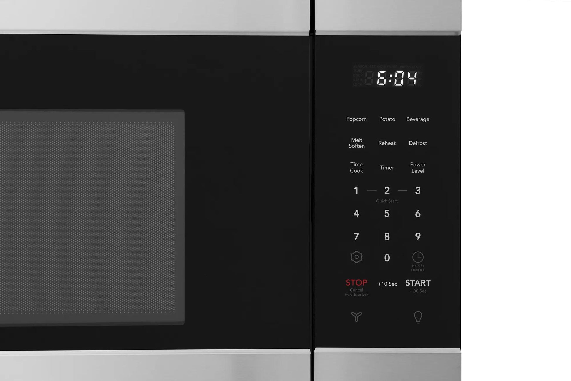Digital control panel with timer and preset cooking options on stainless steel over-the-range microwave from Microwaves collection