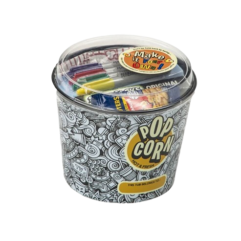 Popcorn tub with markers and snack items from Chips & Snacks collection under $50 for creative movie nights