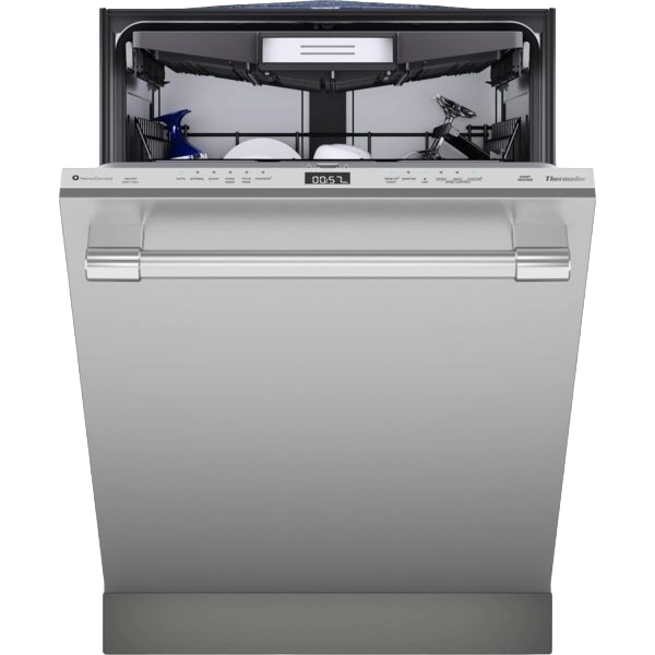 Professional stainless steel dishwasher with open door revealing dish racks and digital control panel for kitchen appliances