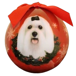Red Christmas ball ornament featuring a white Maltese dog with a festive wreath and red ribbon decoration