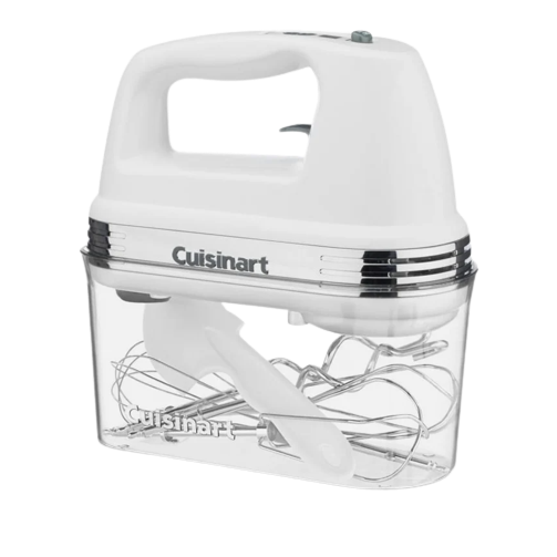 White 9-speed hand mixer with ergonomic handle and accessories, stored in a clear plastic case for easy kitchen use