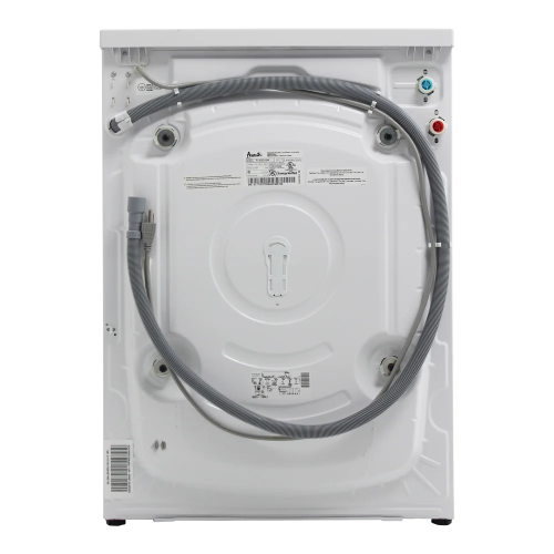 Back view of compact white front load washer with attached gray water hose and water inlet valves from Washers collection