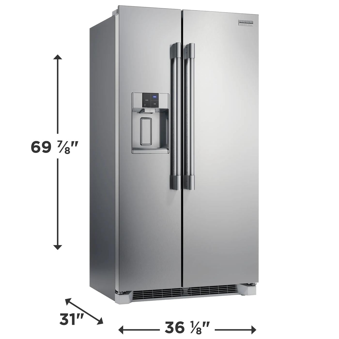 Stainless steel side-by-side refrigerator with water dispenser in kitchen appliance and home improvement collection