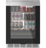 Compact beverage center with platinum glass door, stainless steel trim, and adjustable shelves in kitchen appliance setting