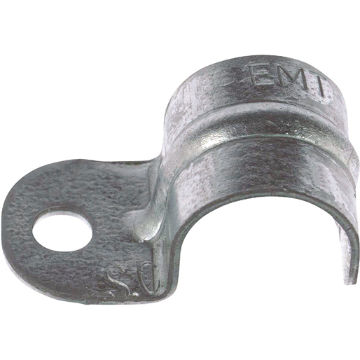 Galvanized metal conduit strap with one hole designed for securing EMT pipes in home improvement projects