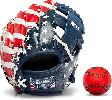 Red, white, and blue right-hand throw teeball glove with star and stripe design and matching red teeball Set
