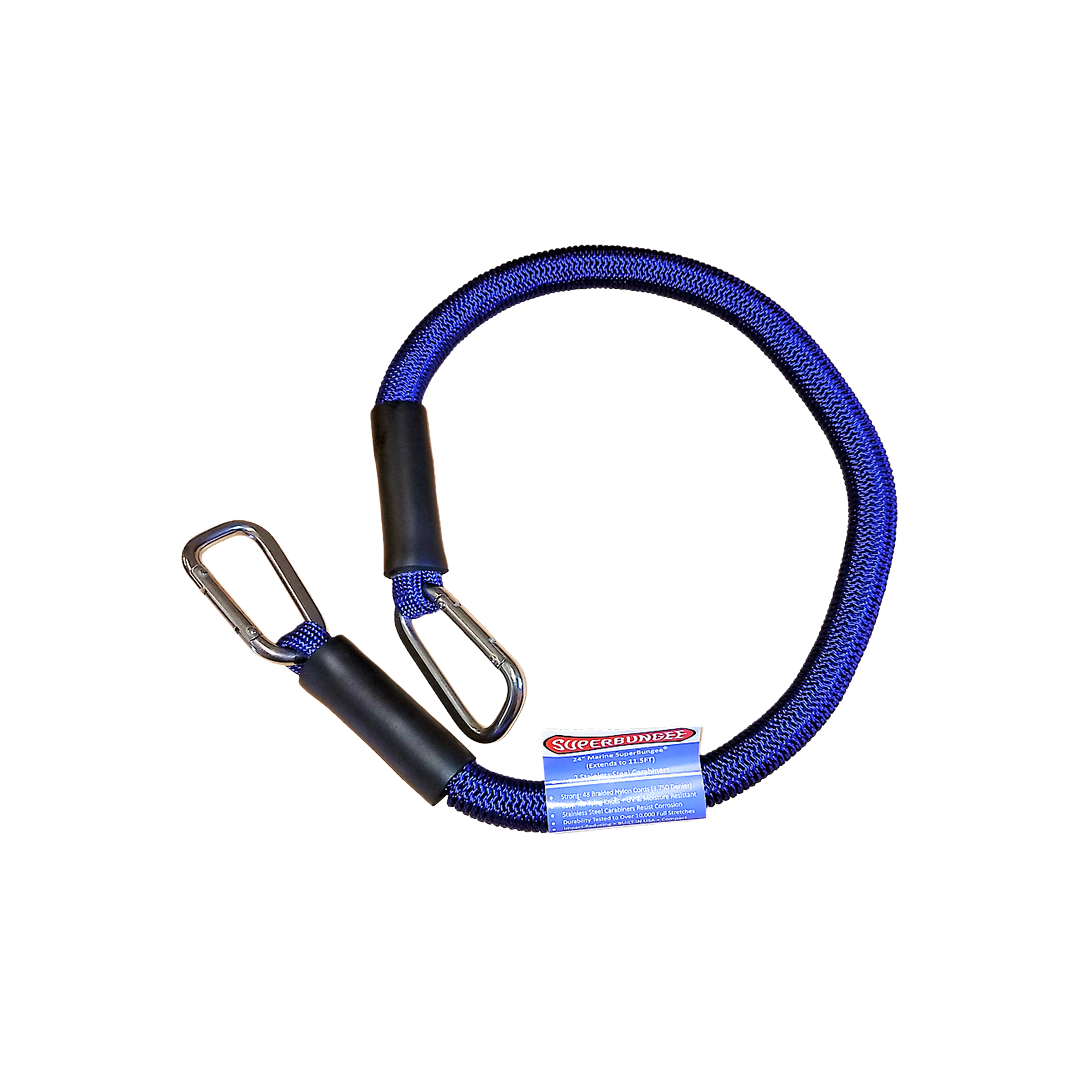 Blue marine cord with two stainless steel carabiner hooks in cargo tie-down straps and automotive tools collection