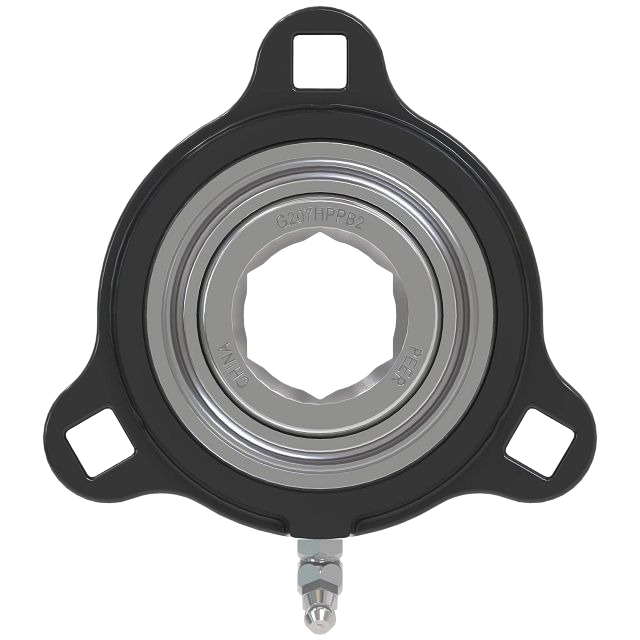 Circular metal bearing with black housing and three mounting points for tools and home improvement use