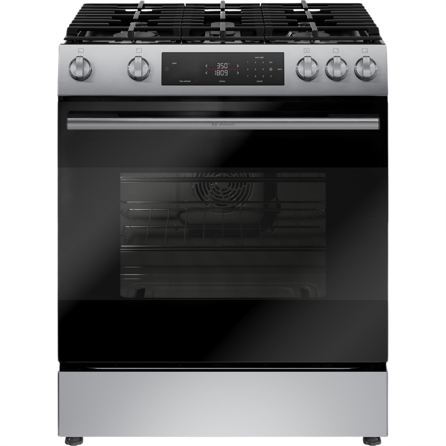 Freestanding gas range with stainless steel finish, digital display, and control knobs from Ranges & Kitchenware collection