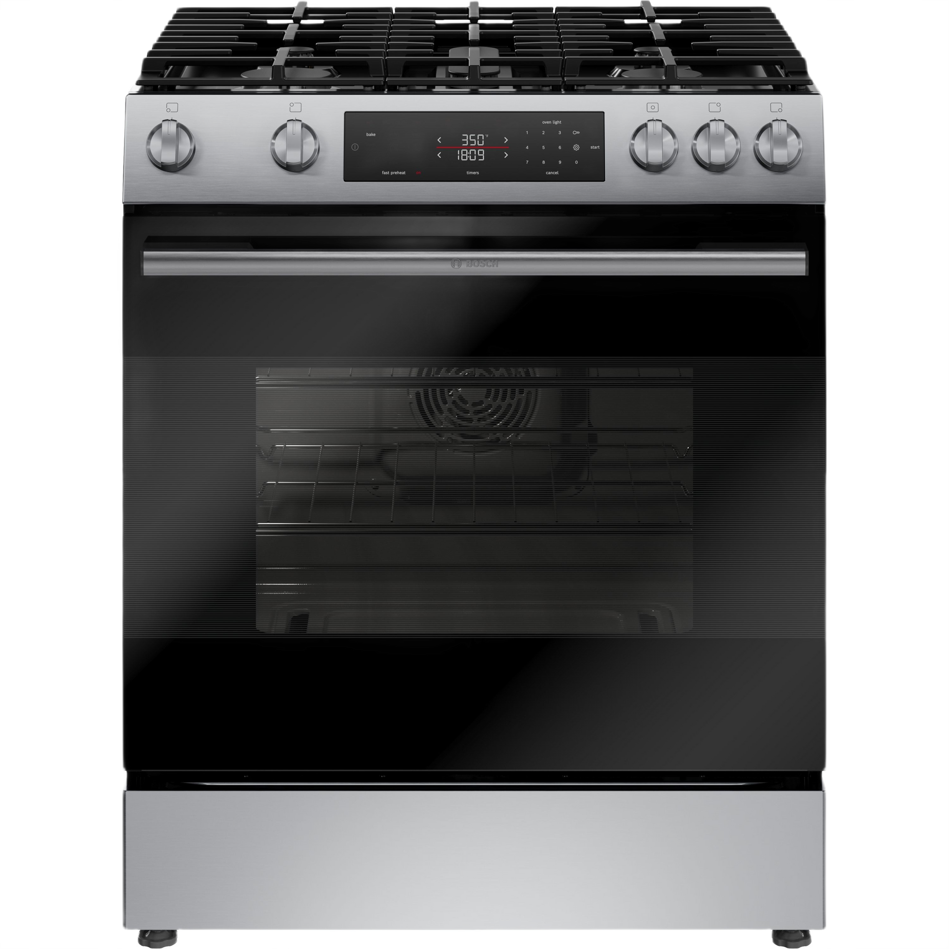 Freestanding gas range with stainless steel finish, digital display, and control knobs from Ranges & Kitchenware collection