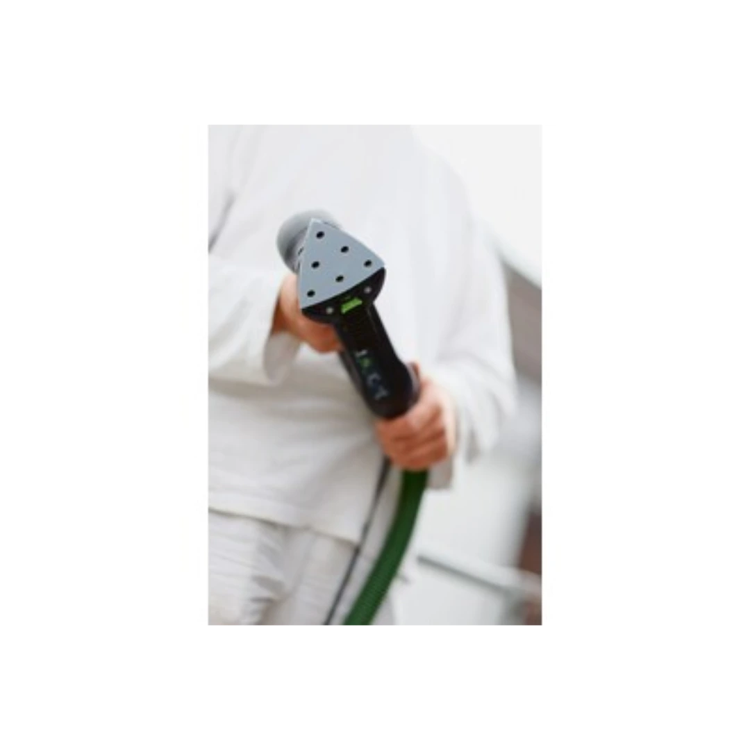 Close-up of a Festool extended delta sanding pad attached to a power tool in woodworking tool accessories collection