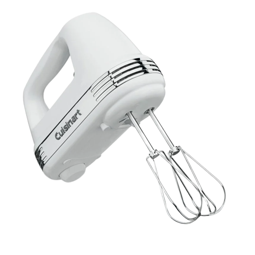 White Cuisinart hand mixer with dual beaters and ergonomic handle for efficient home kitchen mixing tasks
